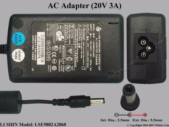 Li Shin LSE9802A2060 AC Adapter- Laptop 20V 3A, 5.5/2.5mm, 3-Prong