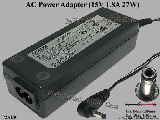 Sotec Common Item (Sotec) AC Adapter- Laptop P2AD01, 15V 1.8A, Tip (1.35/3.50mm)