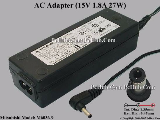 Mitsubishi Common Item (Mitsubishi) AC Adapter- Laptop M6036-9, 15V 1.8A, Tip Z