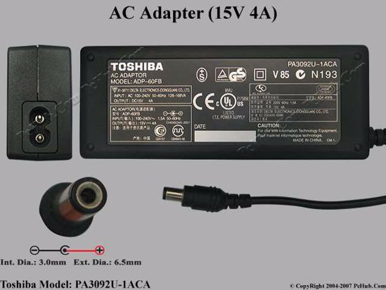 Toshiba Common Item (Toshiba) AC Adapter- Laptop PA3092U-1ACA, 15V 4A, Tip D