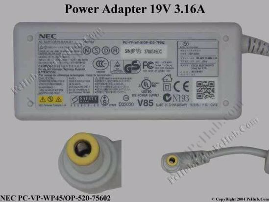 NEC Common Item (NEC) AC Adapter- Laptop 19V 3.16A, 5.5/2.5mm, 2-Prong, White