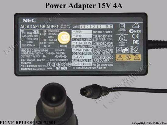 NEC Common Item (NEC) AC Adapter- Laptop 15V 4A, Barrel 6.0/4.3mm, 2-Prong