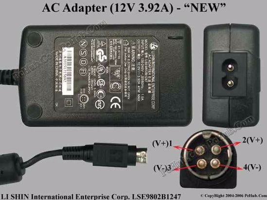 Li Shin LSE9802B1247 AC Adapter- Laptop 12V 3.92A, 4-Pin P1 4=V