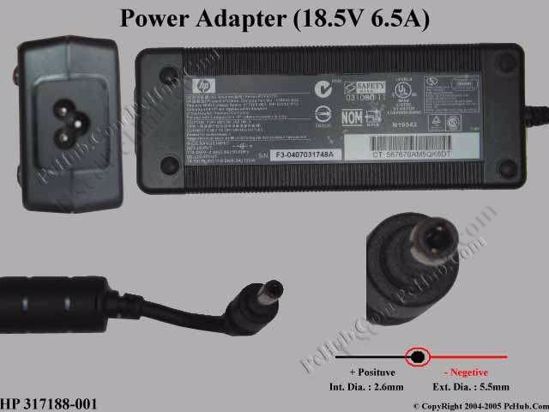 HP Common Item (HP) AC Adapter- Laptop 18.5V 6.5A, 5.5/2.5mm 12mm Length, 3-Prong