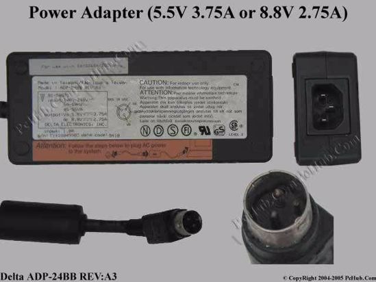 Delta Electronics ADP-24BB REV:A3 AC Adapter- Laptop 5.5V 3.75A / 8.8V 2.75A, 3-pin