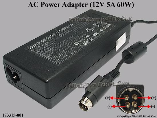 Compaq Common Item (Compaq) AC Adapter- Laptop 12V 5A, 4-Pin P1 4=V