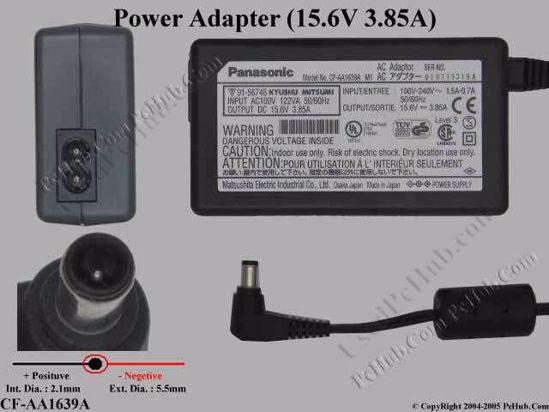 Panasonic Common Item (Panasonic) AC Adapter- Laptop CF-AA1639A, 15.6V 3.85A, Tip E, 2-p