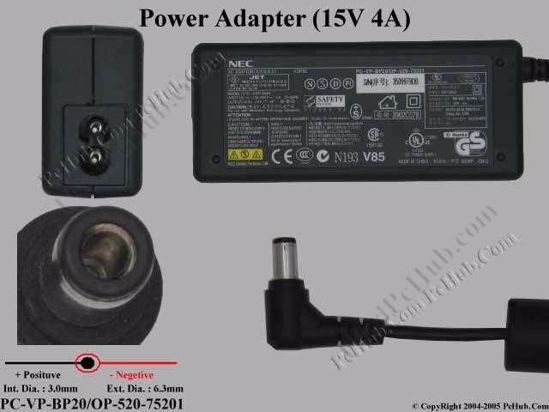 NEC Common Item (NEC) AC Adapter- Laptop 15V 4A, 6.3/3.0mm, 2-Prong