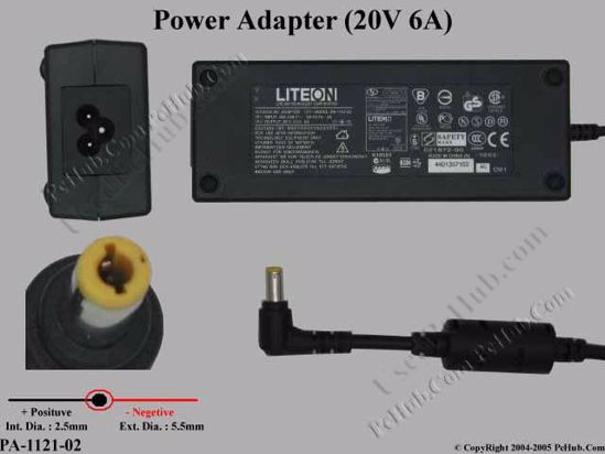 LITE-ON PA-1121-02 AC Adapter- Laptop 20V 6A, 5.5/2.5mm, 3-Prong