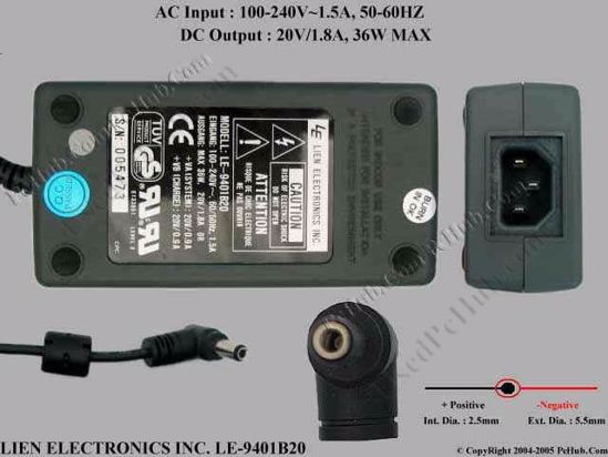 LIEN Electronics LE-9401B20 AC Adapter- Laptop 20V 1.8A