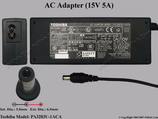 Toshiba Common Item (Toshiba) AC Adapter- Laptop PA3283U-1ACA, 15V 5A, Tip D, (2-prong)