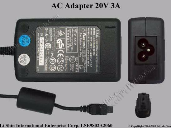 Li Shin LSE9802A2060 AC Adapter- Laptop 20V 3A, 3-Flat Pin, 3-Prong