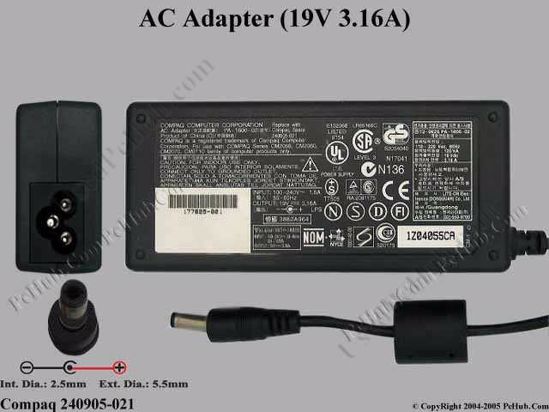 Compaq Common Item (Compaq) AC Adapter- Laptop 240905-021 (PA-1600-02), 19V 3.16A, Tip C