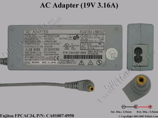 Fujitsu Common Item (Fujitsu / Fujitsu Siemens) AC Adapter- Laptop 19V 3.16A, 5.5/2.5mm,