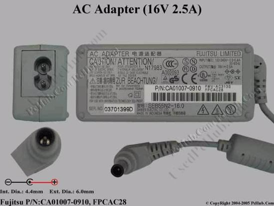 Fujitsu Common Item (Fujitsu / Fujitsu Siemens) AC Adapter- Laptop CA01007-0910, 16V 2.5