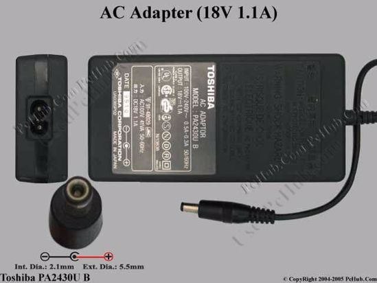 Toshiba Common Item (Toshiba) AC Adapter- Laptop PA2430U B, 18V 1.1A, Tip B