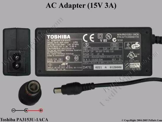 Toshiba Common Item (Toshiba) AC Adapter- Laptop PA3153U-1ACA, 15V 3A