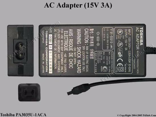 Toshiba Common Item (Toshiba) AC Adapter- Laptop 15V 3A, 2-pin Connector , 2-Prong