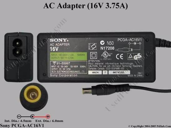 Sony Vaio Parts AC Adapter- Laptop 16V 3.75A, 6.5/4.3mm With Pin, 2-Prong