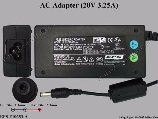 EPS F10653-A AC Adapter- Laptop 20V 3.25A, 5.5/2.5mm, 3-Prong