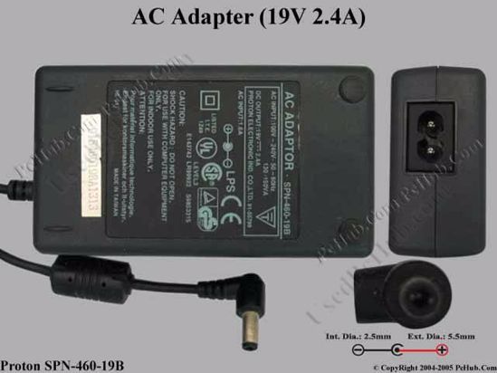 Proton SPN-460-19B AC Adapter- Laptop 19V 2.4A, 5.5/2.5mm, 2-Prong