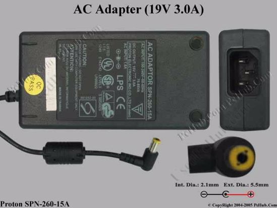 Proton SPN-260-15A AC Adapter- Laptop 15V 3A, Barrel 5.5/2.1mm, C14