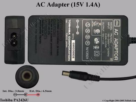 Toshiba Common Item (Toshiba) AC Adapter- Laptop PA2426U, 15V 1.4A, Tip D