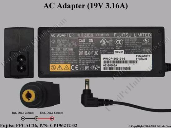 Fujitsu Common Item (Fujitsu / Fujitsu Siemens) AC Adapter- Laptop 19V 3.16A, 5.5/2.5mm