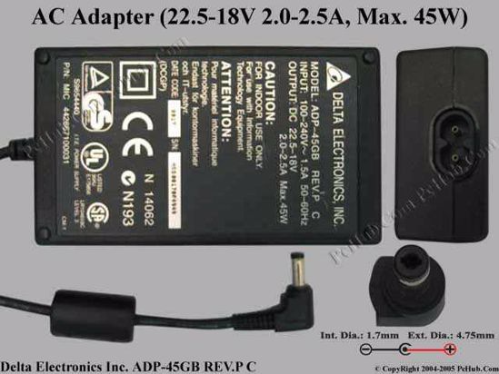 Delta Electronics ADP-45GB REV.P C AC Adapter- Laptop 22.5-18V 2.0-2.5A, 4.8/1.7mm, 2-Pr