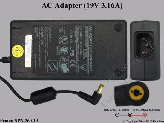 Proton SPN-260-19 AC Adapter- Laptop 19V 3.16A, 5.5/2.1mm, C14