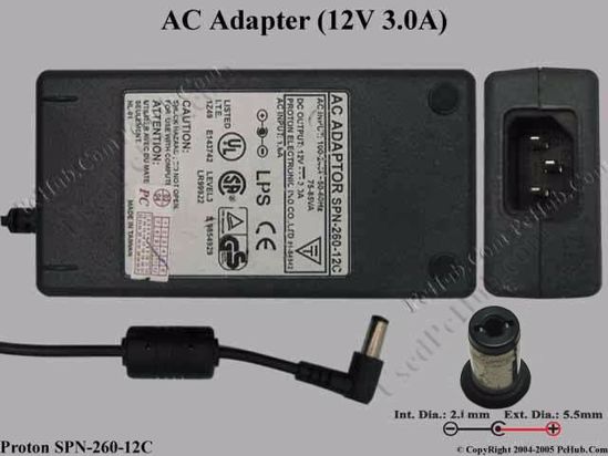 Proton SPN-260-12C AC Adapter- Laptop 12V 3A, 5.5/2.1mm, C14