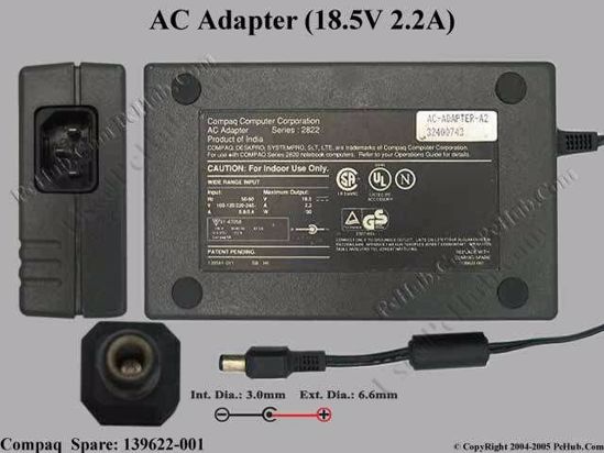 Compaq Contura Series AC Adapter- Laptop 18.5V 2.2A, 6.3/3.0mm, C14