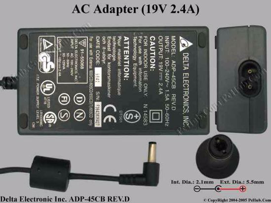 Delta Electronics ADP-45CB REV.D AC Adapter- Laptop 19V 2.4A, 5.5/2.1mm, 2-Prong