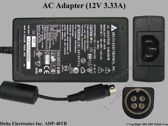 Delta Electronics ADP-40TB AC Adapter- Laptop 12V 3.33A, 4-Pin P1 4=V