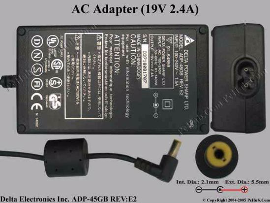 Delta Electronics ADP-45GB REV:E2 AC Adapter- Laptop 19V 2.4A, 5.5/2.1mm, 2-Prong