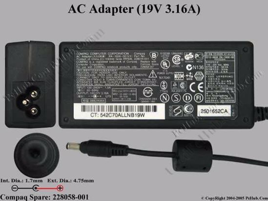 Compaq Common Item (Compaq) AC Adapter- Laptop 19V 3.16A, 4.8/1.7mm?, 3-Prong