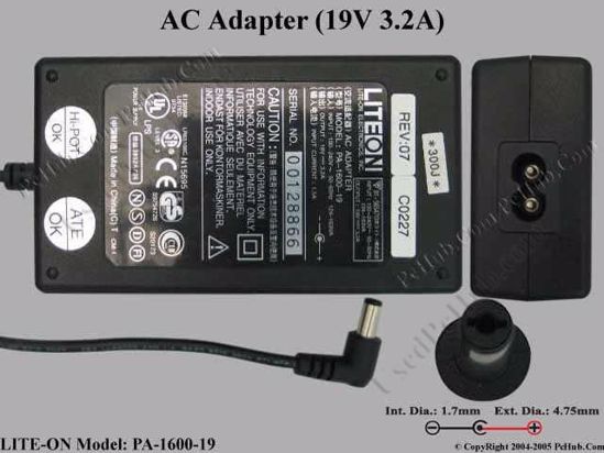 LITE-ON PA-1600-19 AC Adapter- Laptop 19V 3.2A, Tip Acer