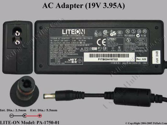 LITE-ON PA-1750-01 AC Adapter- Laptop 19V 3.95A, 5.5/2.5mm, 2-Prong