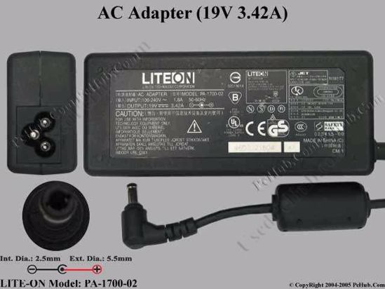 LITE-ON PA-1700-02 AC Adapter- Laptop 19V 3.42A, 5.5/2.5mm, 3-Prong