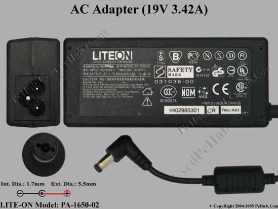 LITE-ON PA-1650-02 AC Adapter- Laptop 19V 3.42A, 5.5/1.7mm, 3-Prong