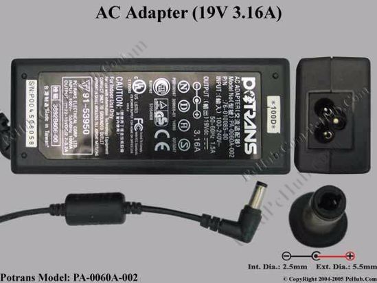 Potrans PA-0060A-002 AC Adapter- Laptop 19V 3.16A, 5.5/2.5mm, 3-Prong