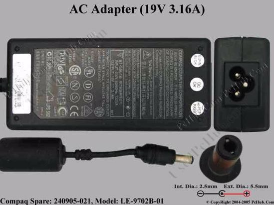 Compaq Common Item (Compaq) AC Adapter- Laptop 19V 3.16A, 5.5/2.5mm, 3-Prong