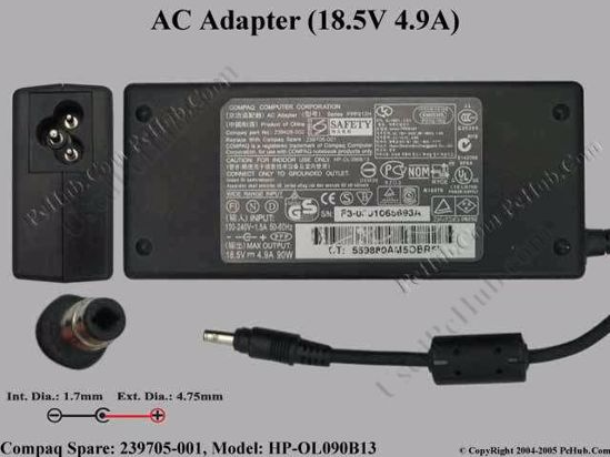 Compaq Evo Series AC Adapter- Laptop 239705-001(HP-OL090B13), 18.5V 4.9V, Tip T