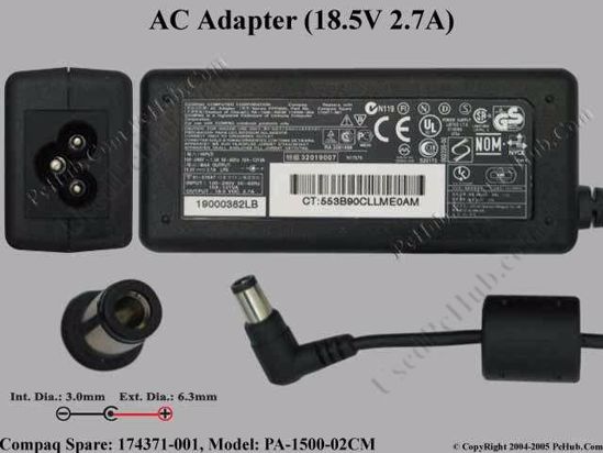 Compaq Armada Series AC Adapter- Laptop 18.5V 2.7A, 6.3/3.0mm, 3-Prong