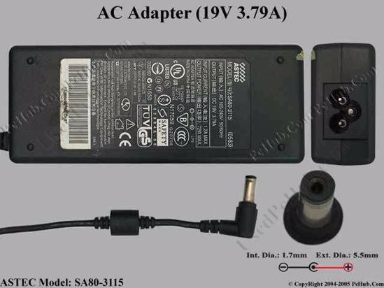 ASTEC SA80-3115 AC Adapter- Laptop 19V 3.79A, Tip Acer