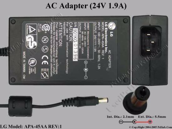 LG APA-45AA AC Adapter- Laptop 24V 1.9A, 5.5/2.1mm, IEC C14