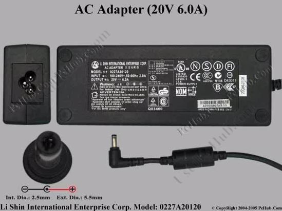 Li Shin 0227A20120 AC Adapter- Laptop 20V 6A, 5.5/2.5mm, 3-Prong