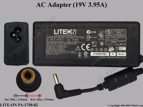 LITE-ON PA-1750-02 AC Adapter- Laptop 19V 3.95A, 5.5/2.5mm, 3-Prong