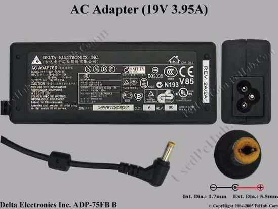 Delta Electronics ADP-75FB B AC Adapter- Laptop 19V 3.95A, 5.5/1.7mm, 3-Prong