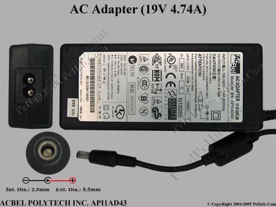 Acbel Polytech API1AD43 AC Adapter- Laptop 19V 4.74A, 5.5/2.5mm, 2-Prong